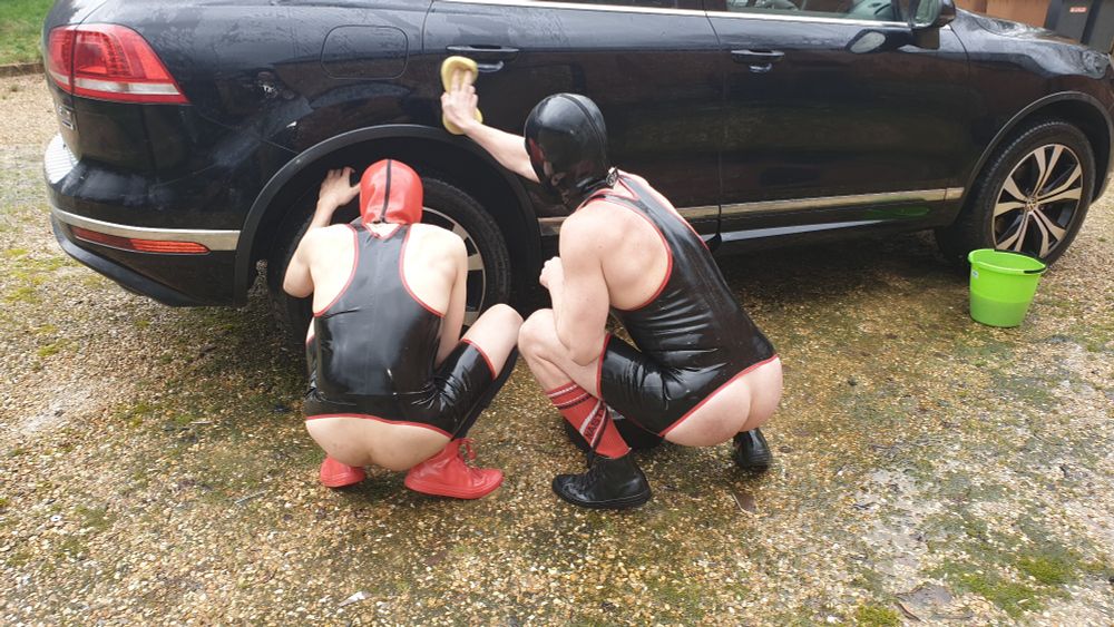 Washing the car.