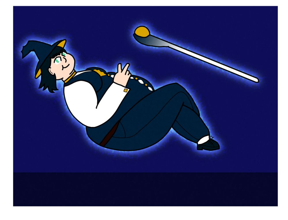 My boy, Bryn, in a navy blue vest and pants, white dress shirt, and navy wizard hat with gold trim, hovering in mid-air, looking at the camera and flashing a peace sign towards it. He has shoulder-length black hair, pale green eyes, and is very fat. Nearby to him is his staff. It is mostly white, but tapers towards navy blue at one end, with a gold ball embedded in the head. Both are surrounded by an aura of magic.