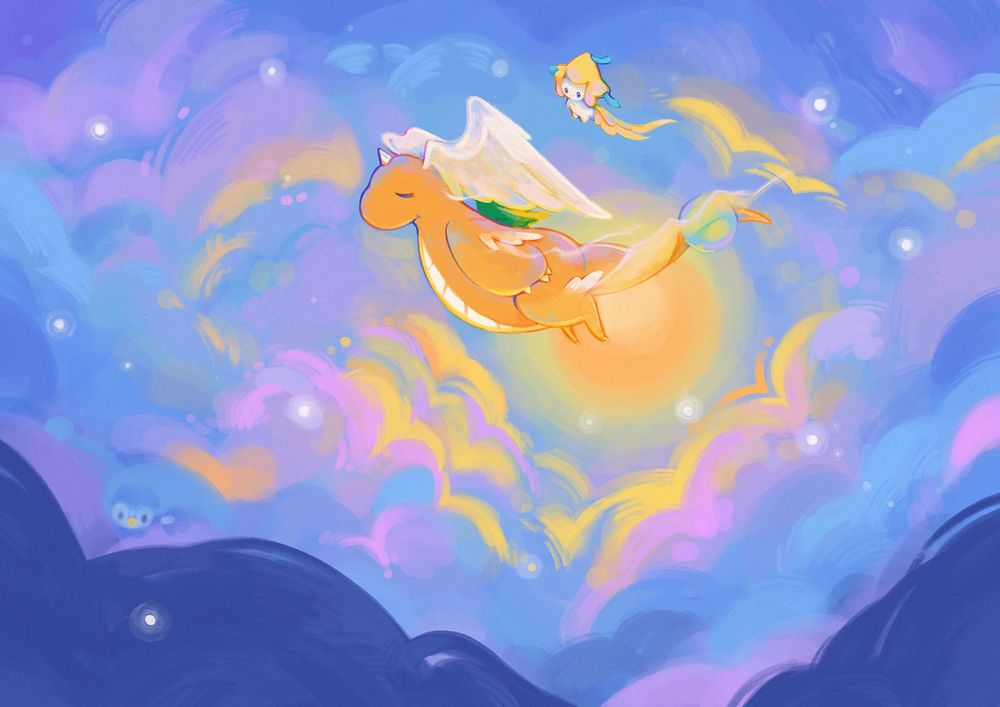 a drawing of dragonite and jirachi flying in the late night sky