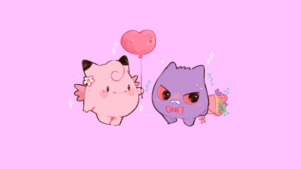 a drawing of clefairy holding a heart-shaped balloon and gengar looking shy holding a bouquet 