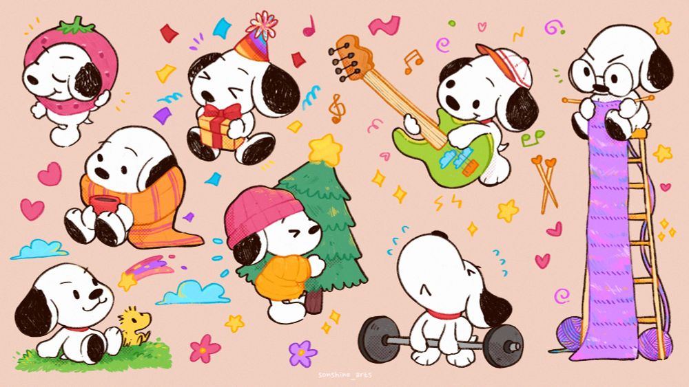 a drawing of snoopy the cartoon character from peanut. from left to right, up to down: snoopy in a strawberry head costume, snoopy bundled up in an orange oversized scarf sipping on hot choco, snoopy and woodstock looking at the sky, snoopy holding a present with confetti around, snoopy trying to carry a christmas tree, snoopy playing with a bass guitar, snoopy trying to lift up a dumbell, snoopy knitting on top of a very tall ladder.