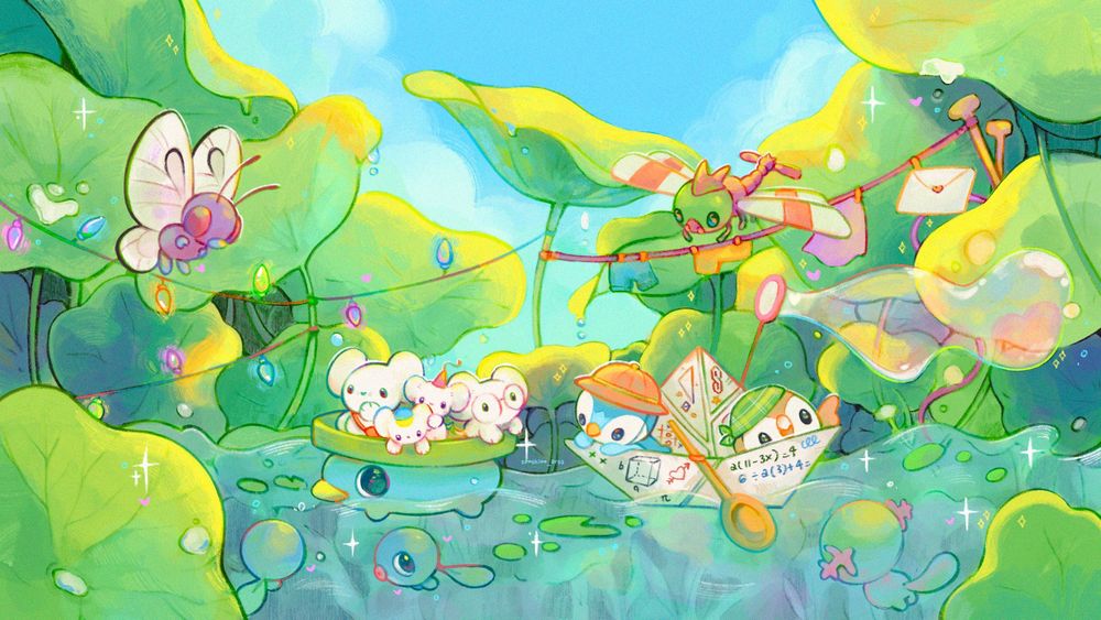 a drawing of pokemons traversing the water 