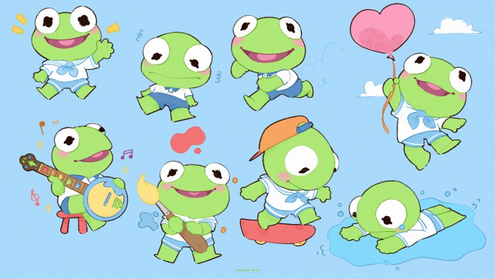 a compilation of doodles of baby kermit, including: waving, sitting and sulking, running, floating, playing an ukulele, holding a paint brush, skating, and crying
