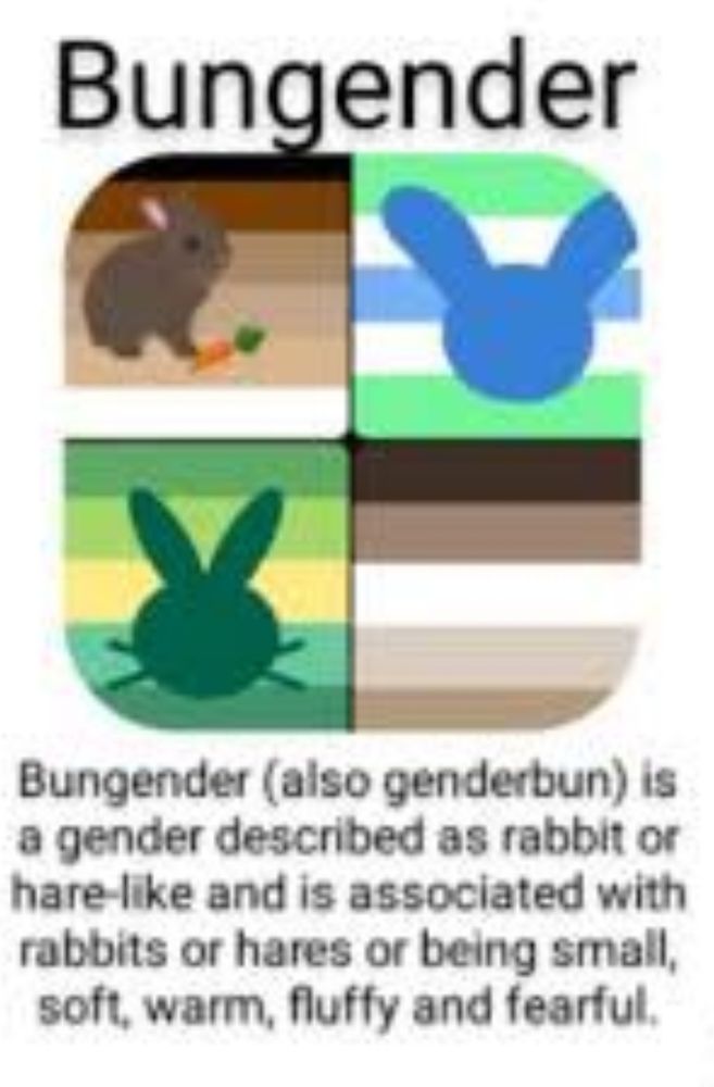 Bungender (also genderbun) is a gender described as rabbit or hare-like and is associated with rabbits or hares or being small, soft, warm, fluffy and fearful.