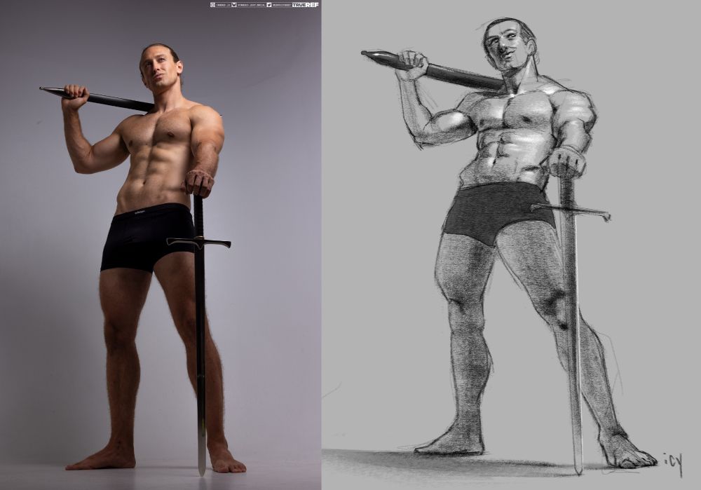a model smugly holds a sword and its sheath. i have drawn this reference in black and white