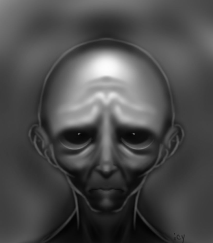 a haunting symmetrical portrait of a sad bald man