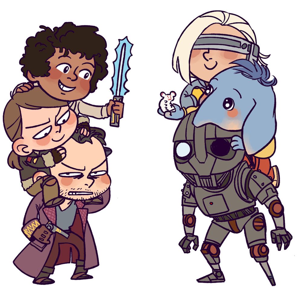 Chibi versions of the main characters from Star Wars: Skeleton Crew. There are two images - image one has Wim and Fern sitting on a grumpy Jod's shoulders; Fern looks sneaky, while Wim is gleefully holding a lightsaber. Image two has a happy KB and Neel sitting on SM-33's shoulders; Neel is holding the bilge rat. SM-33 doesn't have an expression but I'm sure he's having a good time too.  