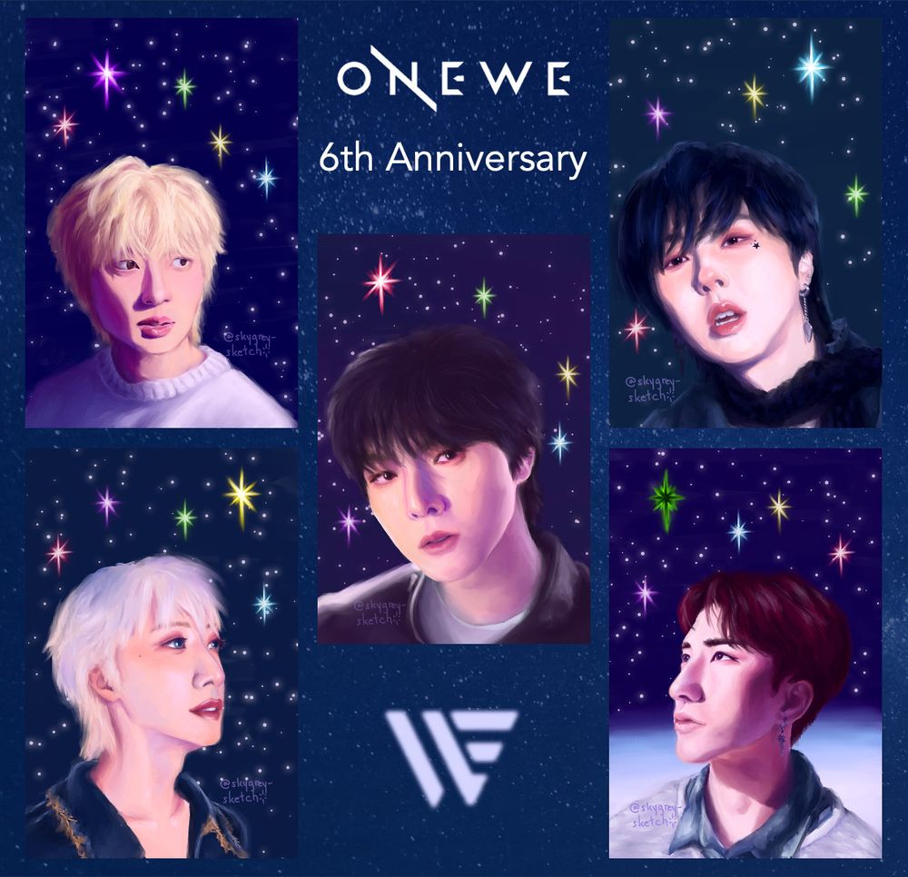 A little collage of five digital paintings, one showing each ONEWE member. The background of each digital painting shows a starry night sky with larger stars shown in red, purple, green, yellow, and blue. At the top of the collage it reads "ONEWE 6th Anniversary" and at the bottom it shows ONEWE's logo. 