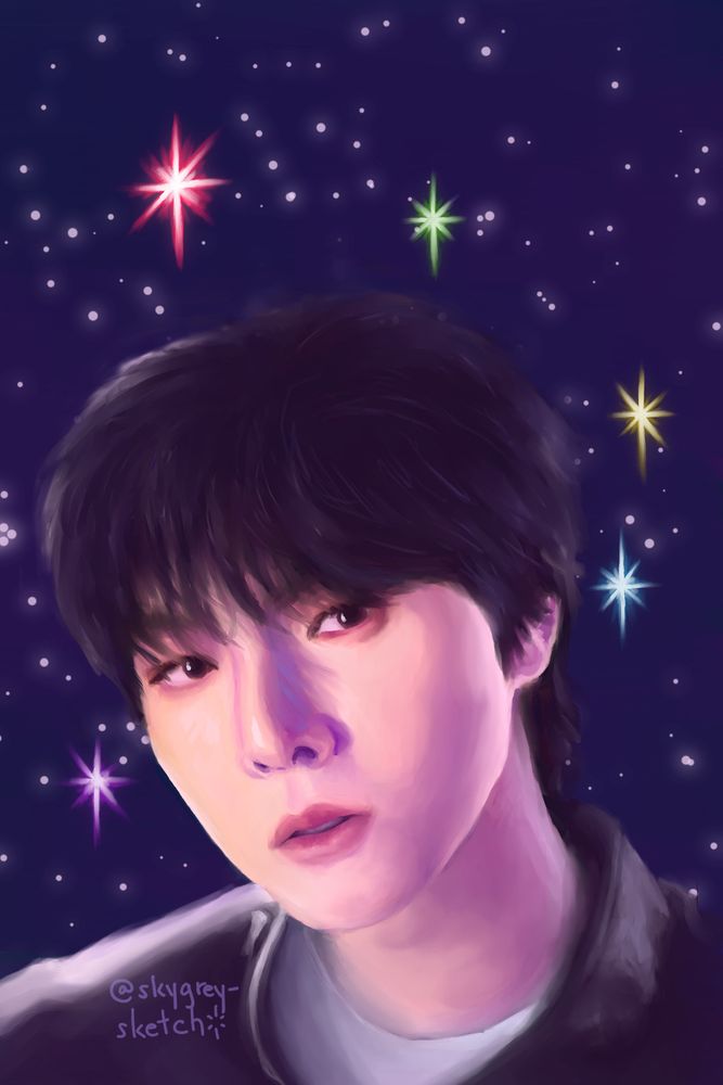 A digital painting of Yonghoon from ONEWE. He is looking at the viewer with his head tilted a bit to the side and his mouth slightly open. In the background is a starry night sky with larger stars of red, purple, green, yellow, and blue. 
