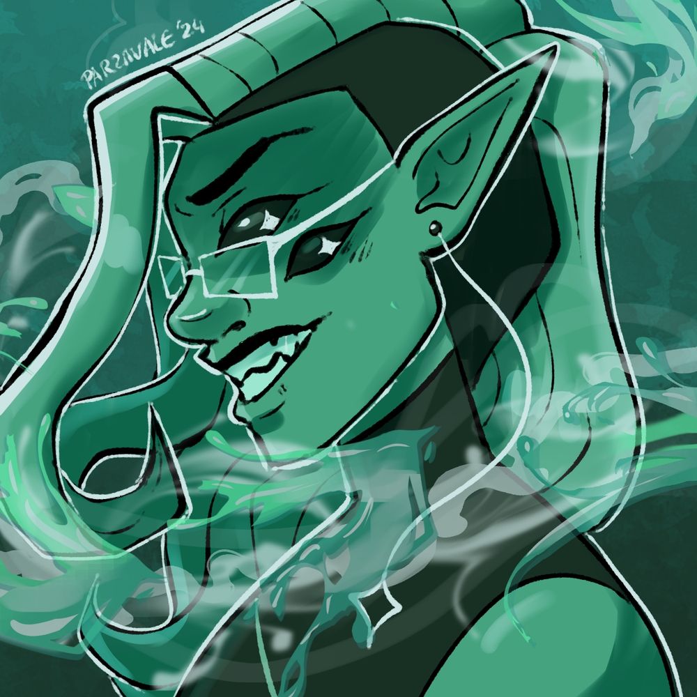 An all-green side-profile headshot of a humanoid in a black sleeveless turtleneck with an extra set of eyes, a  shoulder length hairstyle with a black undercut and a silver dangling earring shaped like a four pointed star. It's surrounded by a swirl of white smoke and green water.