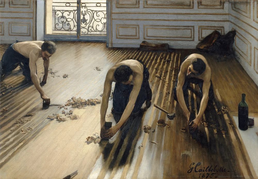 Die Parkettschleifer, Gustav Caillebotte, 1875; In einer Wohnung mit schöner weiß-goldener Wandverkleidung knien 3 Männer auf den Bodendielen und schaben die alte Lackschicht mit einer Art Spachteln ab. Sie arbeiten mit freiem Oberkörper und angespannter gebückter Haltung. Ihre Arme sind weiß und sehnig. Sie haben ihre Sachen im Hintergrund an der Wand abgelegt. Auf dem Boden liegen Späne. Außerdem sieht man rechts eine Flasche Rotwein mit Glas. Das Licht kommt durch ein Fenster im linken Hintergrund. 
Die realistische Darstellung vermittelt ein Bild der sehr harten Arbeit, die ohne Maschinen nötig war, aber genauso, dass die Arbeiter sich so eingerichtet haben, dass ihre Bedürfnisse nicht zu kurz kamen.