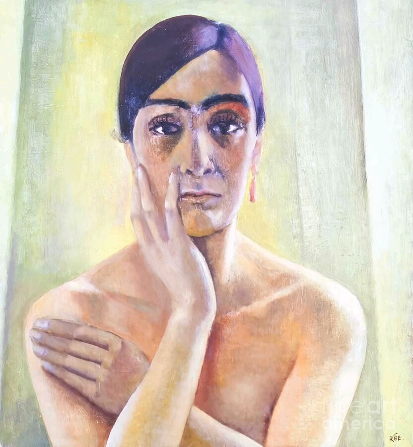 Selbstporträt von Anita Rée, 1930; ein Bildnis der Neuen Sachlichkeit. Wir sehen eine mittelalte Frau mit bloßem Oberkörper und vor der Brust verschränkt Armen, die rechte Hand berührt leicht ihr Gesicht. Der Hintergrund ist abstrakt  und in gelblichem grün gehalten. Gelbliche Töne benutzt die Malerin auch für die Figur, sodass der Körper mit dem Hintergrund eine Einheit bildet. 
Das Gesicht der Künstlerin ist länglich und stark schattiert, ihr Haar dunkel und glatt gescheitelt, entweder kurz oder zurückgebunden, sodass nichts von ihrem Gesicht ablenkt. 
Aus ihren dunklen Augen spricht Ratlosigkeit und Traurigkeit.
Ein starkes Zeugnis der Stimmung in der endenden Weimarer Republik und zunehmenden öffentlichen Antisemitismus.