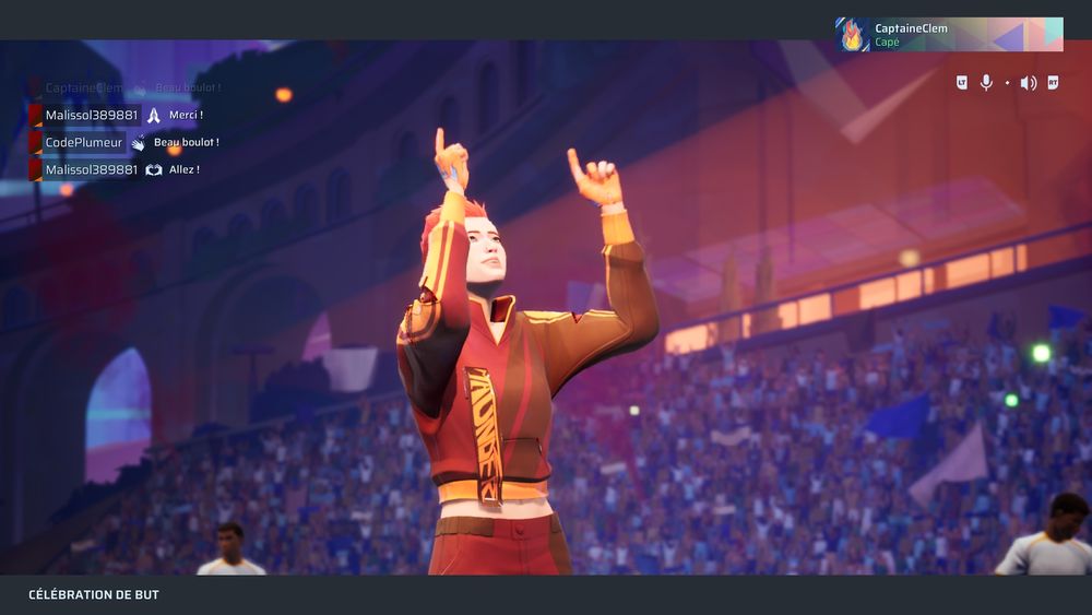 Screen du jeu Rematch avec mon personnage qui salue la foule après avoir marqué un but (oui, tous mes screens sont pris à des moments où je n'étais pas en phase de gameplay, tellement ce dernier t'oblige à te concentrer)