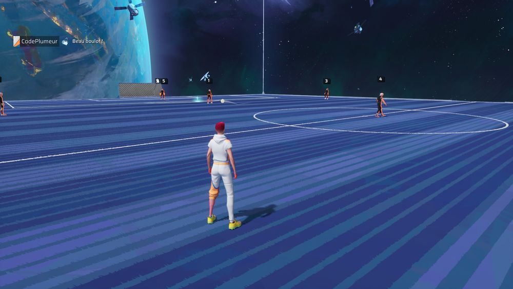 Screen du jeu Rematch où le terrain se trouve visiblement dans l'espace.