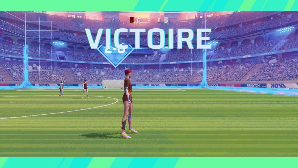 Screen du jeu Rematch, alors que les écrans muraux affichent "Victoire"