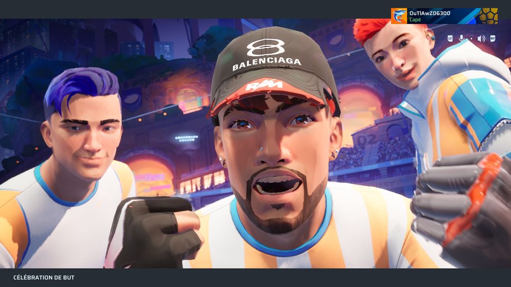 Screen du jeu Rematch où nos personnages prennent la pause face à la caméra après un but.
