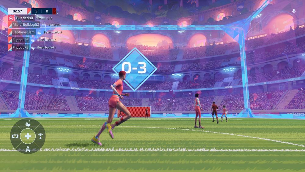 Screen du jeu alors qu'un géant 0-3 s'affiche au dessus des cages