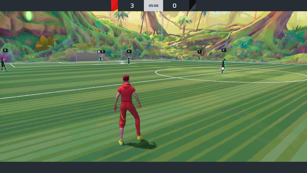 Screen du jeu Rematch, avant le coup d'envoi, à hauteur de joueur.