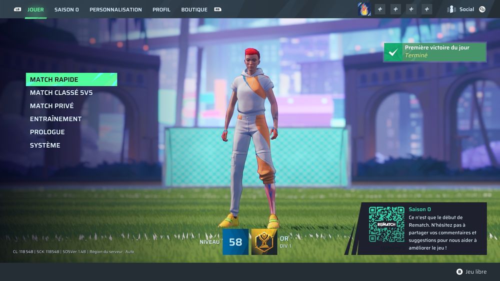 Screen du menu du jeu avec les différents sous-menus et autres modes de jeu à gauche et mon avatar au centre.