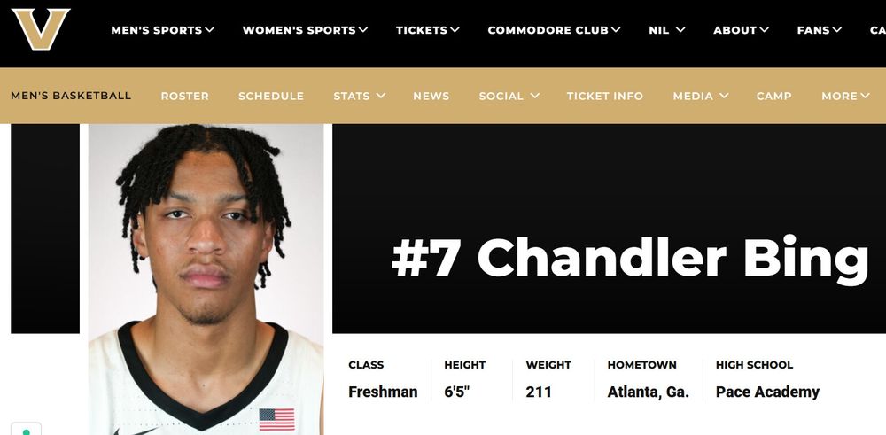 Vanderbilt freshman basketball player Chandler Bing