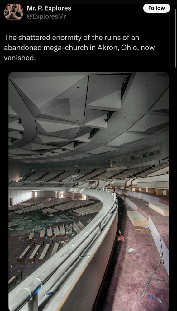 Pic shows the decaying ruins of a mega church in Akron Ohio