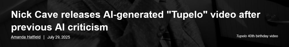 headline from Brooklynvegan.com: Nick Cave releases AI-generated "Tupelo" video after previous AI criticism