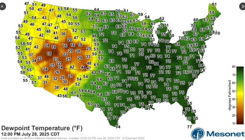 a weather map showing Dewpoint temperatures across the U.S. The area in the 60's and 70's is considered 'oppressive' humidity 