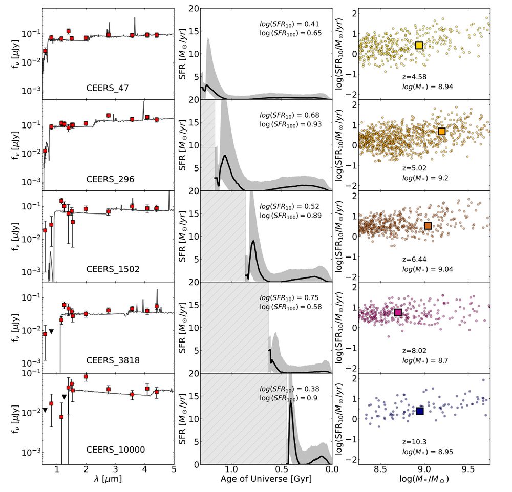 star formation histories of galaxies during the first few billion years after the Big Bang.  Some are "napping" between star-forming episodes.