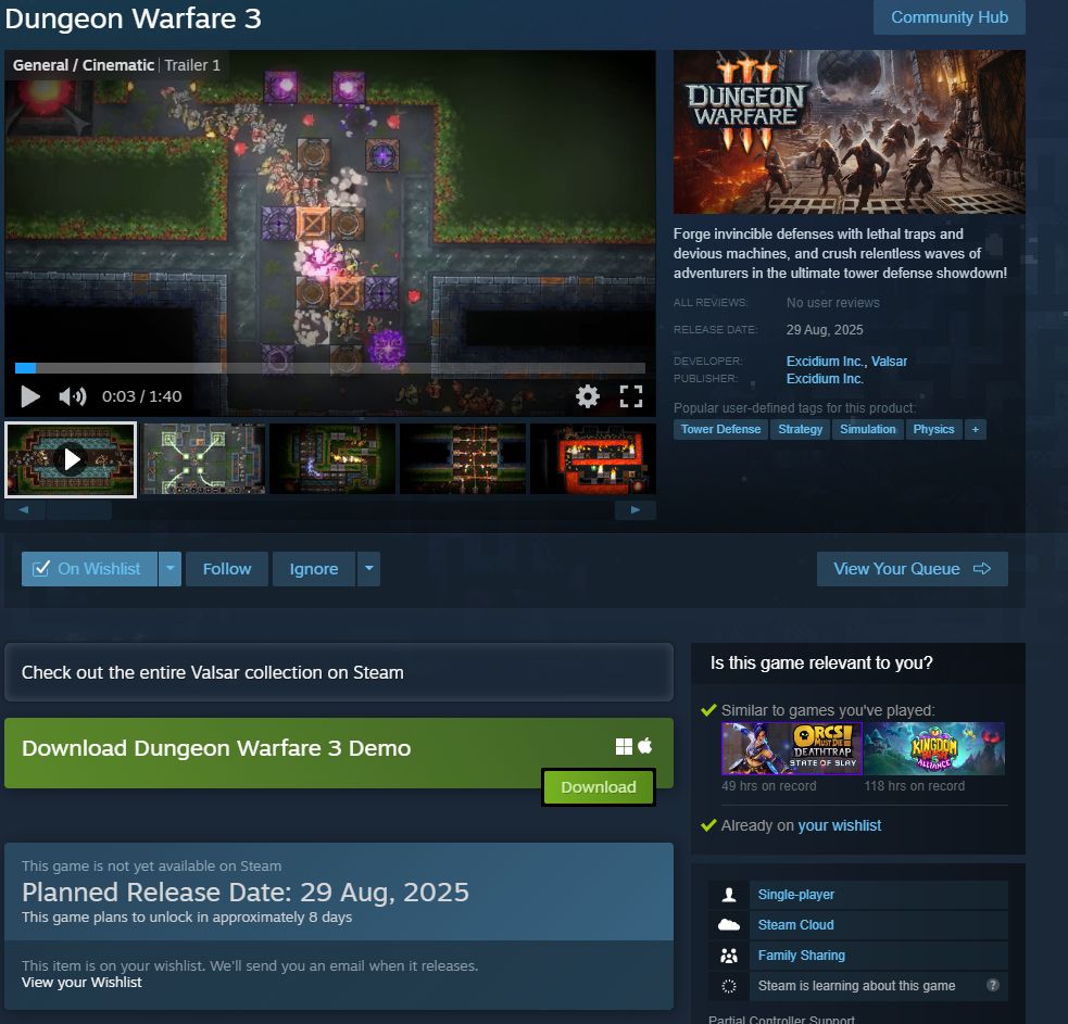 Steam page for dungeon warfare 3 I releases in 8 days