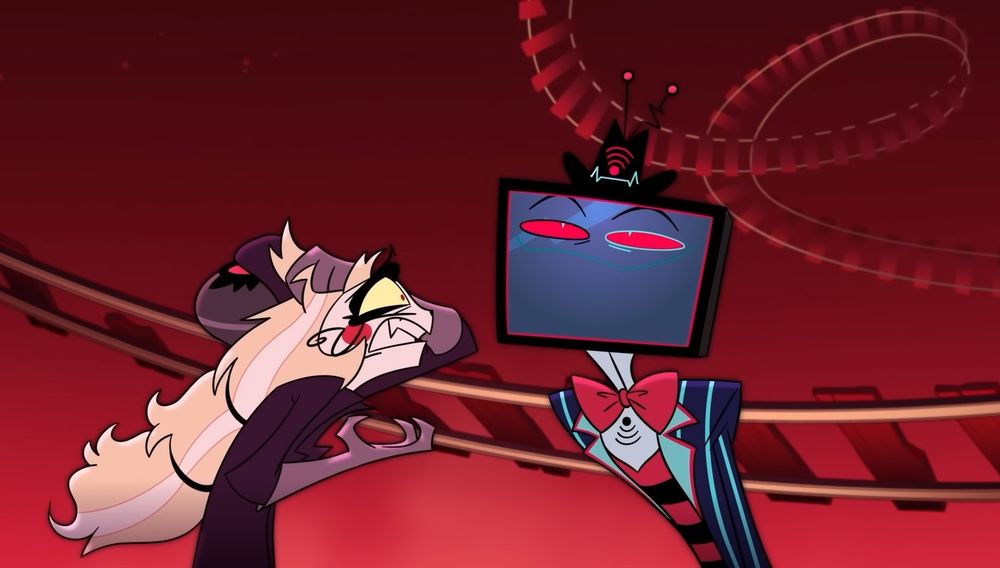 charlie is off to the right wearing her danny do-bad costume, expressing exasperation that vox cut the brakes. on the left is vox, who looks smug and amused. he has a cowboy hat where his tophat usually is.