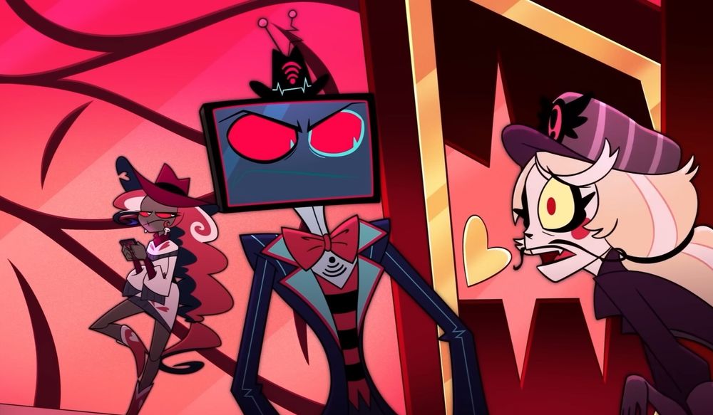 screencap of vox with a cowboy hat where his tophat usually is. velvette stands off to the left, scrolling on her phone. charlie is talking to vox, exasperated. vox looks annoyed at charlie.