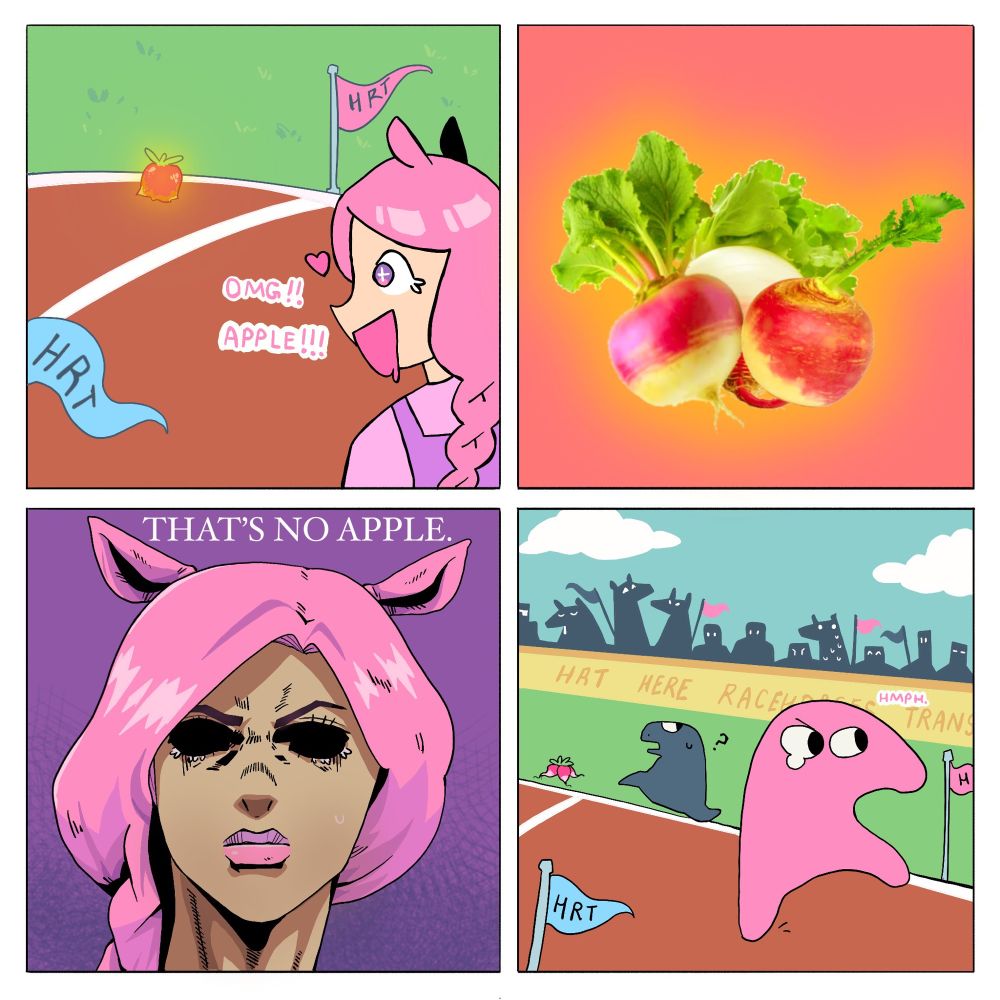 Comic by Hallow_Ice. 

Panel 1: Human Comely is headed to the finish line and sees a glowing apple. She says "OMG!! Apple!!!"
Panel 2: Image of radish
Panel 3: Comely with an upset expression drawn in a Jojo's Bizarre Adventure style. She says "That's no apple."
Panel 3: Horse/blob Comely says "Hmph." and walks away from the finish line as Downtown Skybox runs towards it, looking back at Comely with a question-mark. The crowd watching the race in the background has some distraught people with pink flags.