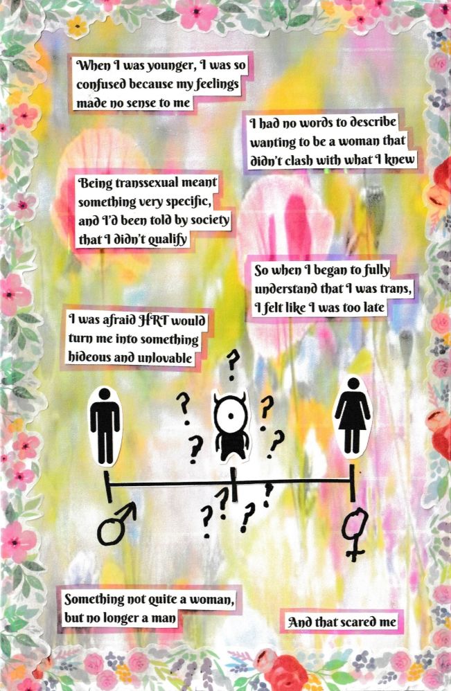 Text: When I was younger, I was so confused because my feelings made no sense to me

I had no words to describe wanting to be a woman that didn’t clash with what I knew

Being transsexual meant something very specific, 
and I’d been told by society 
that I didn’t qualify

So when I began to fully understand that I was trans, I felt like I was too late

I was afraid HRT would 
turn me into something 
hideous and unlovable 

Something not quite a woman, but no longer a man

And that scared me