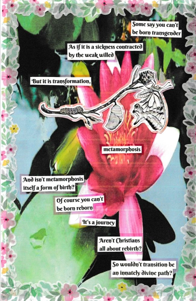 Text: Some say you can’t be born transgender

As if it is a sickness contracted by the weak willed

But it is transformation, 

metamorphosis

And isn’t metamorphosis 
itself a form of birth?

Of course you can’t 
be born reborn

It’s a journey

Aren’t Christians 
all about rebirth?

So wouldn't transition be an innately divine path?