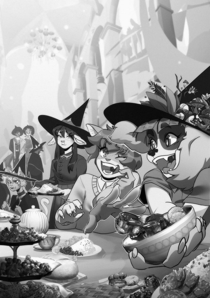 An illustration in grey tones, depicting setting of light novel "Embacing Hope". The scene that we see is going on in the dining hall of magical academy, where Benjamin, Karen and Satomi are having good time while trying to get last portion of a meal first.