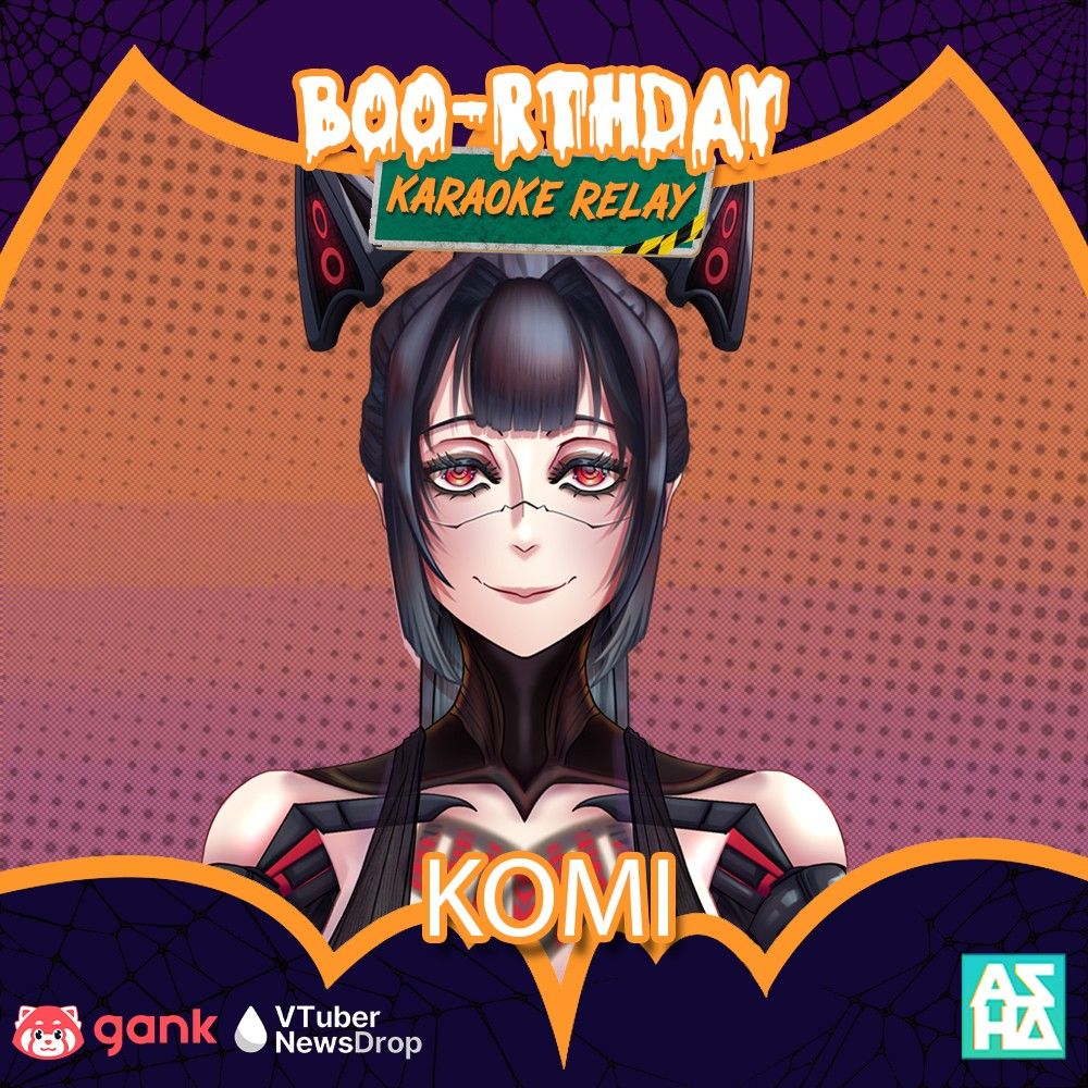 Publicity material announcement of Komikkitty (Komi), a cat themed cyborg anime girl, joining Asha_EXE's karaoke relay. The relay is to celebrate Asha's birthday and is Halloween themed.