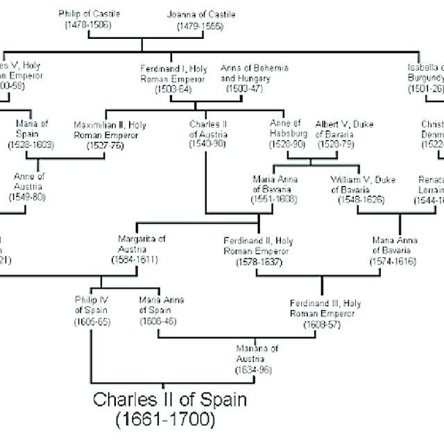 The family tree of the most inbred royal to ever exist, Charles II of Spain, forming roughly the shape of a strawberry, rather than a tree.