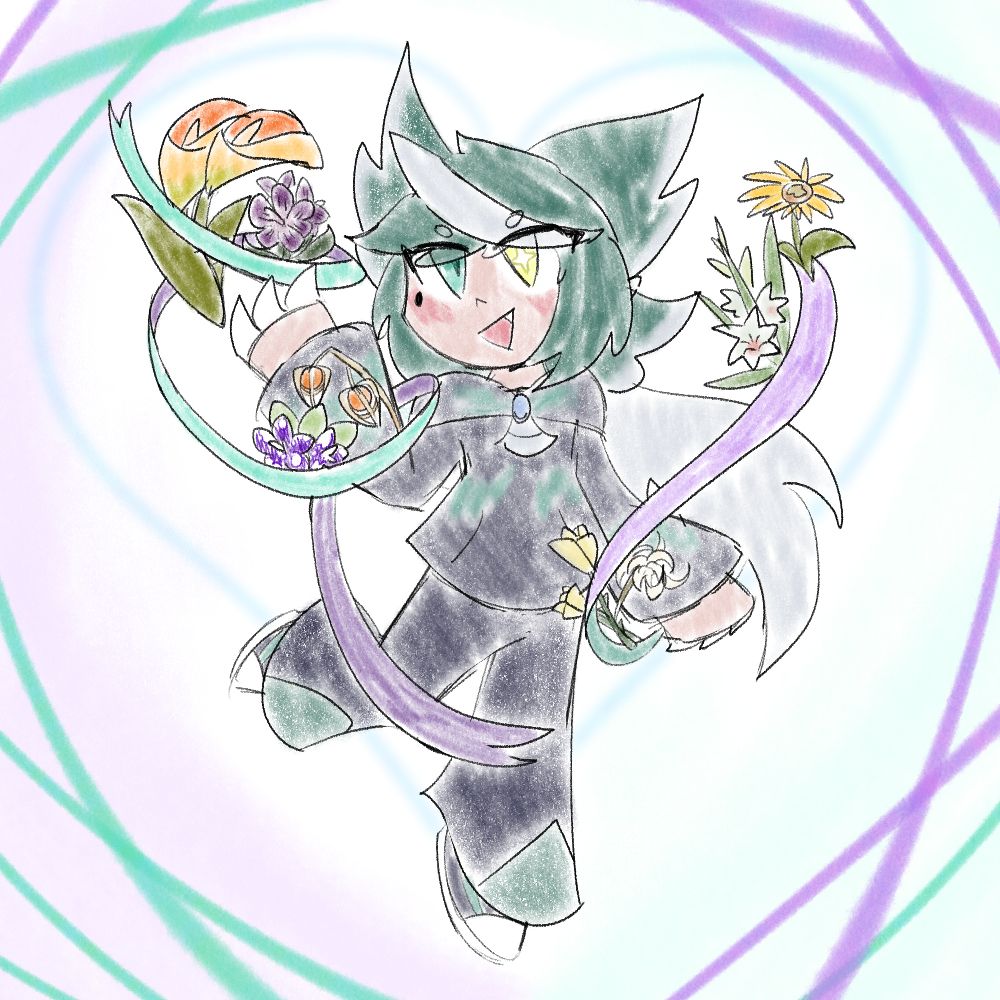 A loosely colored drawing of Callas surrounded by ribbons and flowers. They have a hand raised to try and hold some of the flowers.
From left to right, the flowers are
-Orange calla lillies
-Purple alstroemerias
-Night sky petunias
-Winter cherry fruits
-Yellow roses
-A white spider lily
-A white gladiolus
-A sunflower 