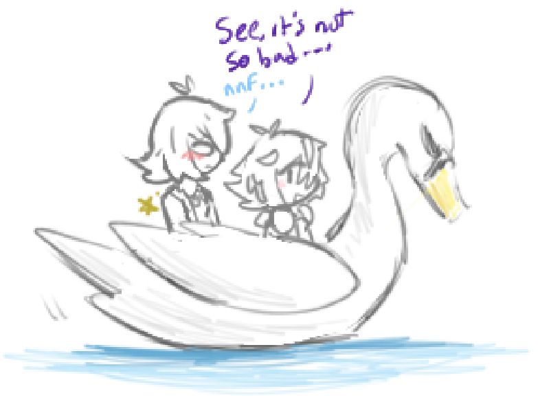 A sketch of Kurode and Klarkstella on a swan boat together. Kurode, looking back to Klark, reassures him that the ride isn't so bad with a soft expression. Klark only makes a noise of mild discontent, looking very flustered.