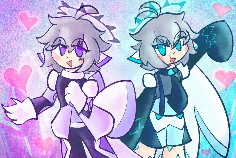 A drawing of Nia and Toa happily striking poses, pink hearts surrounding them.