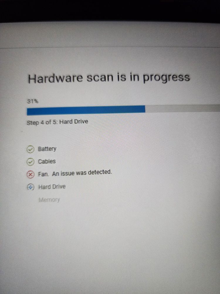 An in-progress hardware scan of my laptop, showing that the fan has an issue. 