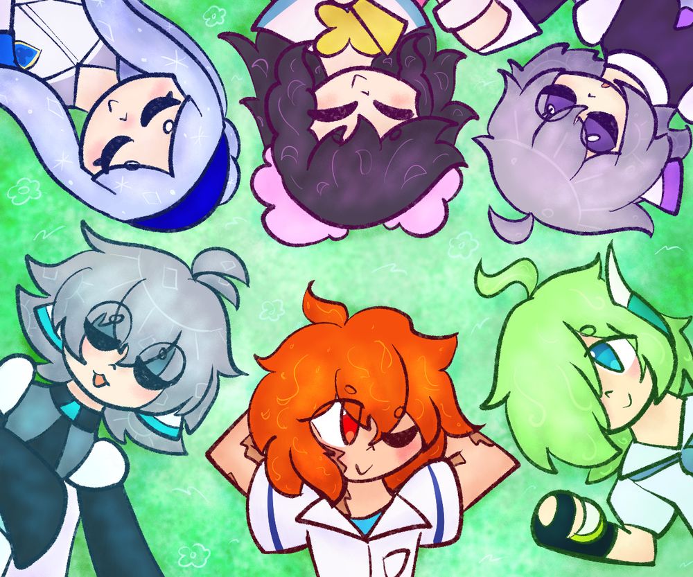 Drawing of the Tsugidoka crew (plus Nia and Toa) laying in the grass. Clockwise starting from the middle top-
Rinka is smiling as she sleeps, her hand over Nia's.
Nia is deep in her nap, her head leaning slightly towards Rinka.
Fuga is awake, looking in Retsu's direction. He holds his yoyo in the grass.
Retsu has his arms behind his head, peeking an eye open at Fuga. (He has burn scars in this art.)
Toa is completely knocked out in a peaceful nap, a hand over his chest and the other sprawled out.
Hiumi has a content smile, her arms folded over her body.