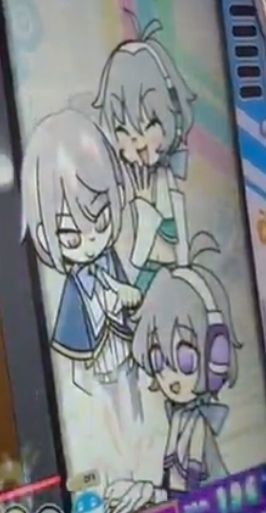 Jade's new FEVER illustration from the Pop'n Music 29 location test. It shows him (upper left, smiling with an expression probably best described as smug), Nia (bottom right, holding what I assume is Lapis Origin above her palms with a smile) and Toa (upper right, laughing with a hand raised to his face). All three have new outfits and seem to be having a good time for once.