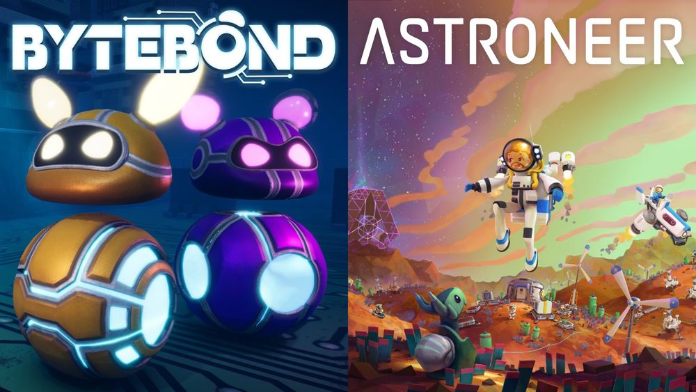 Image of two games side by side, one for Bytebond featuring two cute ball robots inside a computer and the other for Astroneer featuring an astronaut on a strange and colourful alien world.