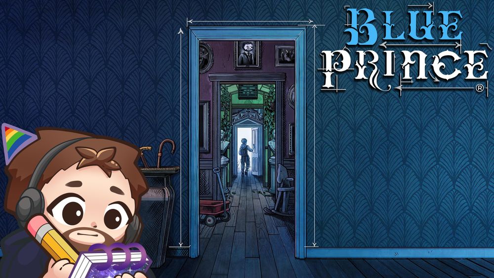 Image for the game Blue Prince featuring a series of connected rooms all of different themes, the silhouette of a boy walking through a door can be seen in the distance. Also included is the logo for Blue Prince and an emote of Stephen writing in a notepad.