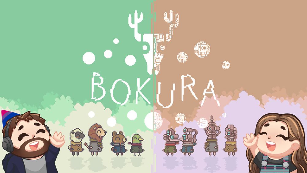 Image for the game BOKURA featuring some in-game pixel art characters. On one side an anthropomorphic Sheep, Lion, Bear and Duck, all in winter coats and scarves. On the other side 4 strange robotic versions of the same character. 