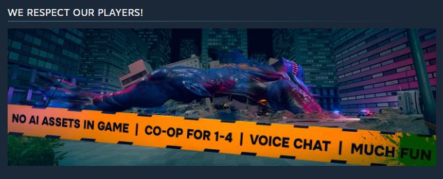 Image from Kaiju Cleaner Simulator's Steam page showing "We Respect Our Players. No AI Assets In Game"