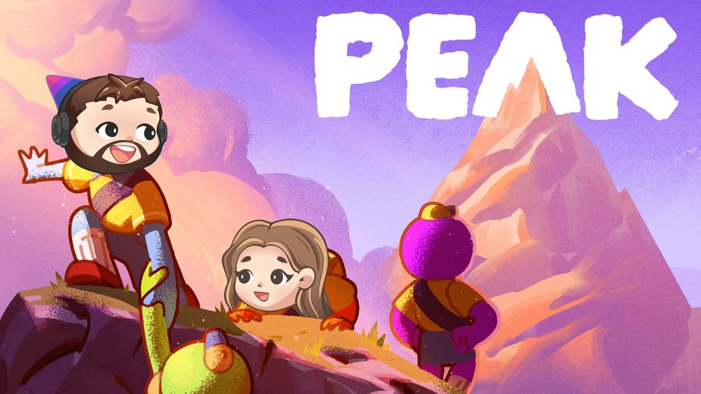 Image for PEAK, featuring 4 cartoon nature scouts climbing up a mountain