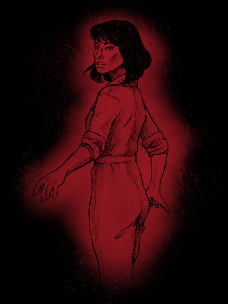 Drawing of a young woman in a jumpsuit looking over her shoulder with a black background and a red spray paint fill.