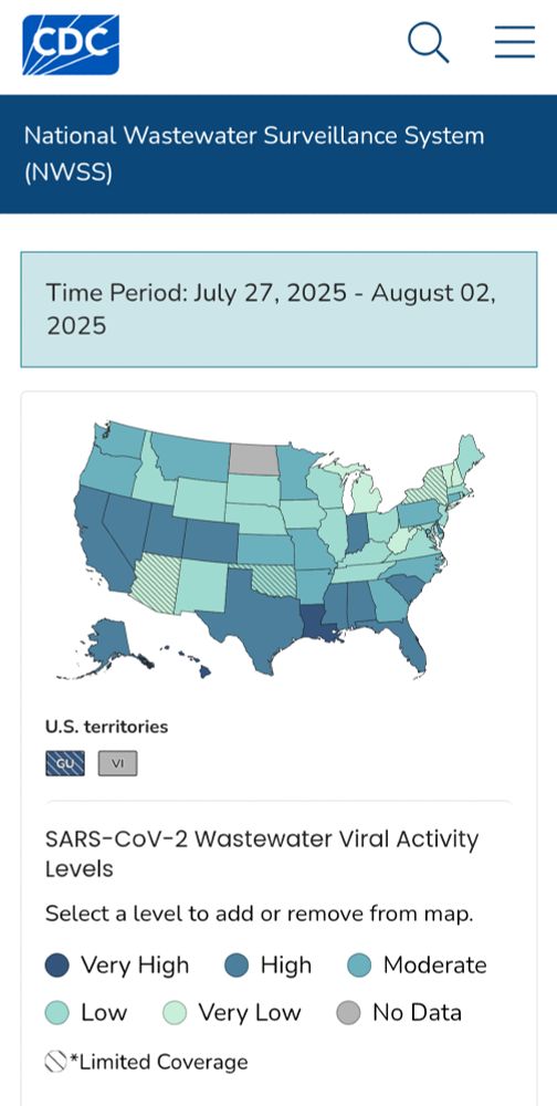 CDC's SARS-CoV-2 wastewater viral activity levels state/territory map